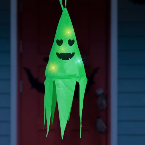 Halloween-i világító dekoráció - szellem - zöld - 10 színes LED - akasztható - 2 x 2032 - 75x20 cm
