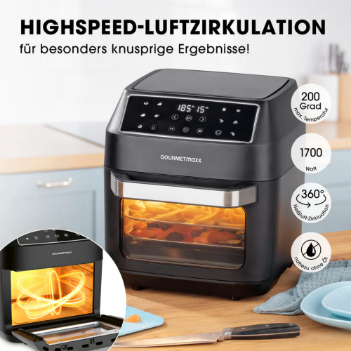 GOURMETMAXX Forrólevegős fritőz/ Airfryer 12L 1700W fekete légkeveréses