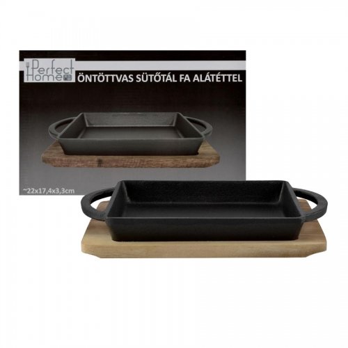 Öntöttvas szögletes sütőtál fa alátéttel