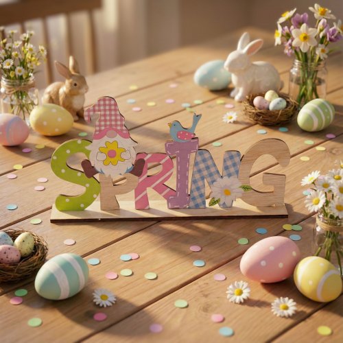 Tavaszi fekvő asztaldekoráció fából - manós