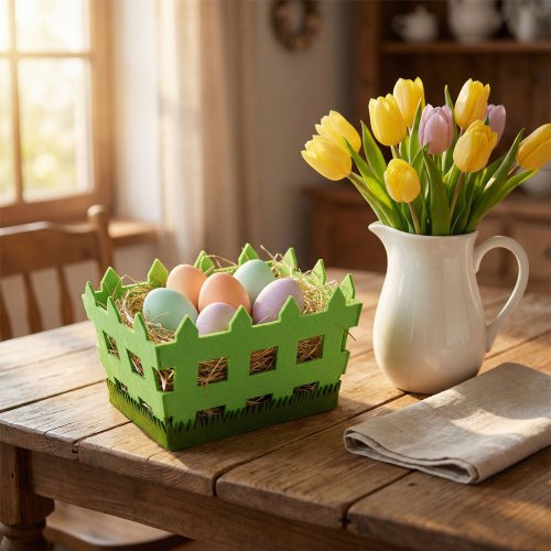 Húsvéti dekoráció - filc kosár - kerítés forma -  19,5 x 13,2 x 11,7 cm