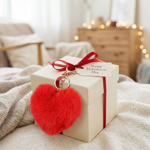 Kulcstartó - szív alakú - plüss, piros - 13 x 10 cm