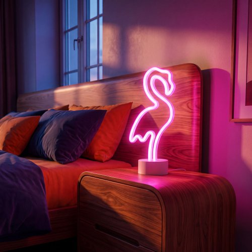 Neon LED lámpa - rózsaszín flamingó - 3 x AA + USB - 12 x 8,5 x 29,5 cm