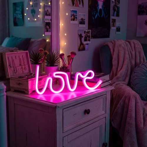 Neon LED lámpa - rózsaszín "Love" - 3 x AA + USB - 34 x 1.6 x 12,5 cm