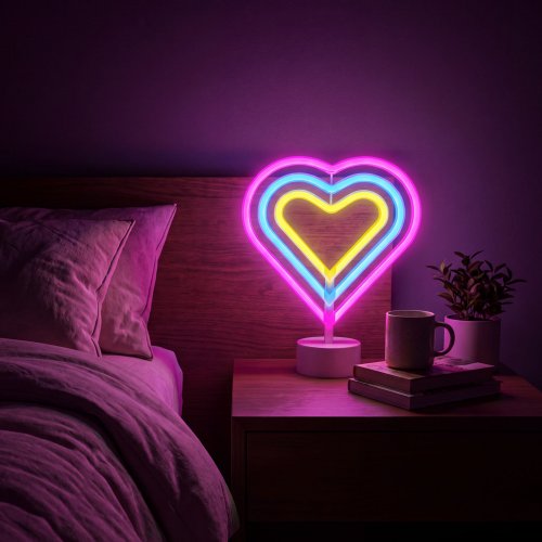 Neon LED lámpa - színes szív - 3 x AA + USB - 25,2 x 1,6 x 23 cm