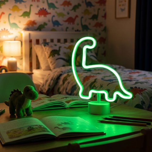 Neon LED lámpa - zöld dinoszaurusz - 3 x AA + USB - 25,9 x 8,5 x 24,3 cm