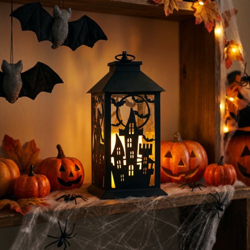Halloween-i pislákoló lámpás - kastély - elemes - fekete - 30 x 14 cm