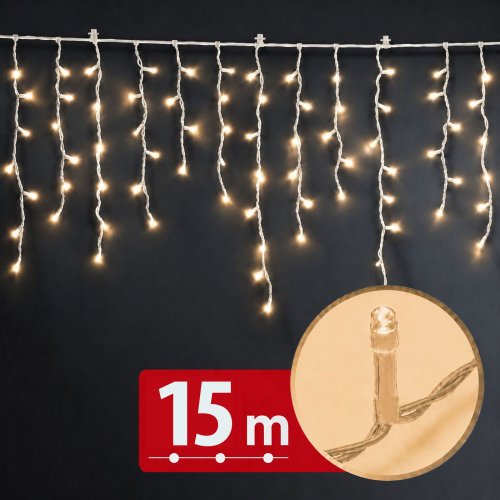 Fényfüzér függöny - 15 m - melegfehér - 600 LED - 100-240V - 6W - átlátszó kábel