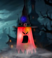 Halloween-i LED dekor - szellem - piros - 10 színes LED - akasztható - 2 x 2032 - 75 x 35 cm