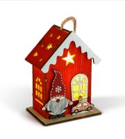 Karácsonyi LED-es dekoráció - házikó manóval - melegfehér LED, piros - 7,5 x 5 x 10 cm - 2 féle