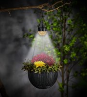 Felakasztható LED szolár - virág kaspó - fekete - műanyag - 26 x 16 cm