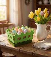 Húsvéti dekoráció - filc kosár - kerítés forma -  19,5 x 13,2 x 11,7 cm