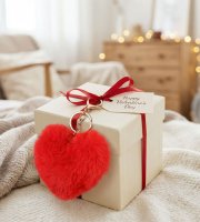 Kulcstartó - szív alakú - plüss, piros - 13 x 10 cm