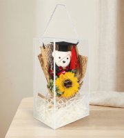 Műnövény dekoráció - napraforgó, macival - 26 x 10,5 x 14 cm