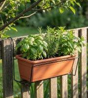 Virágosláda tartó - fém, fekete - korlátra - 40 x 22 cm